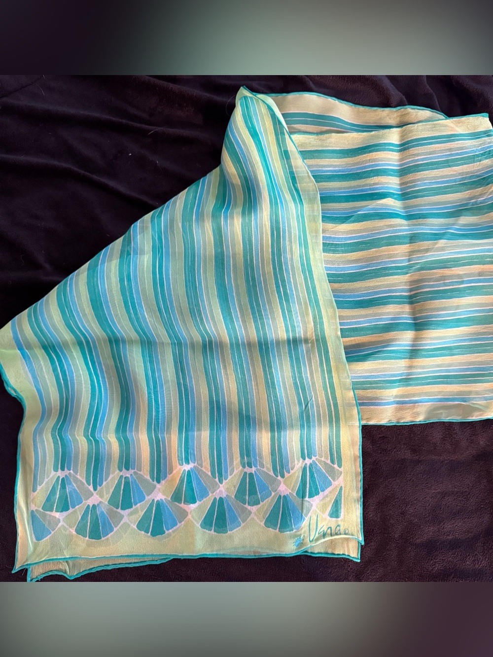 Vera Neumann turquoise & lime green Striped Oblong Scarf